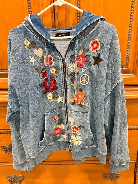 envy Jackets & Blazers - Camp Peace Floral Embroidered Denim Hoodie / Jean Jacket
